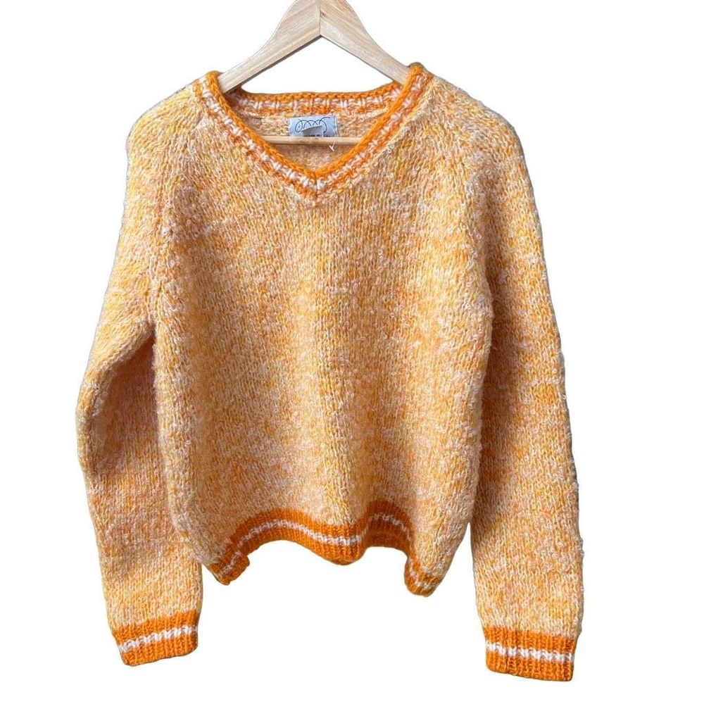 Free People Womens Micro V-Neck Twist Knit Sweater Large Orange Pre-owned